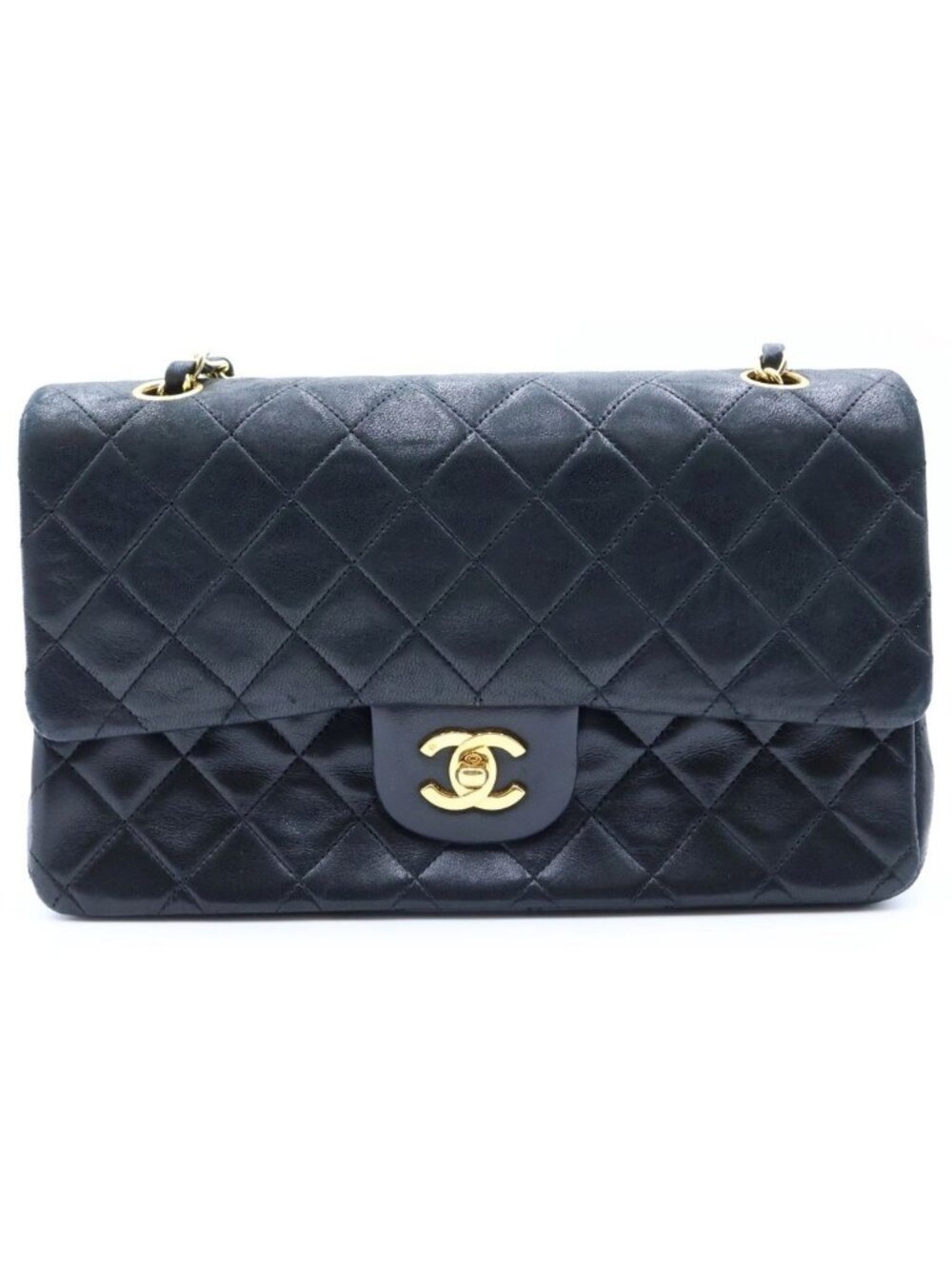 Chanel Quilted 25 Double Flap Chain Shoulder Bag Black Lambskin Gold